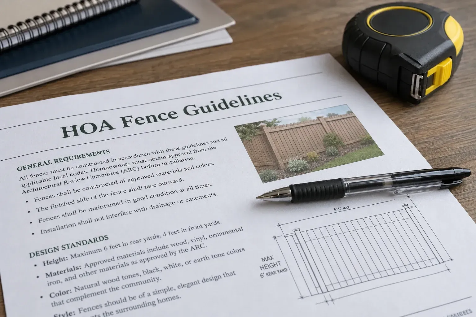 HOA fence guideline document on a desk with a pen and tape measure, plus a fence photo and sketch