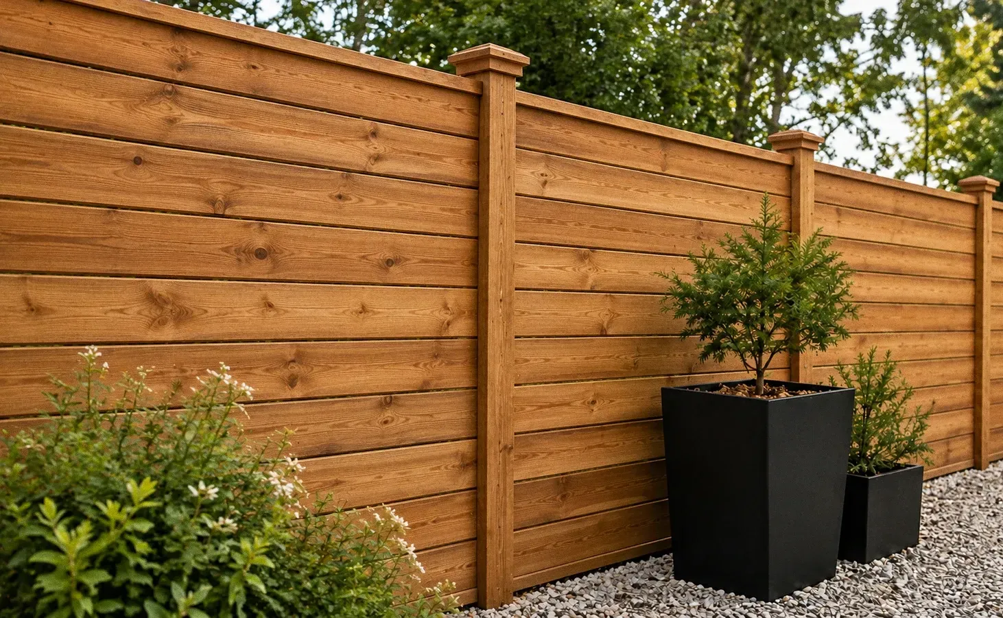 Wooden privacy fence with potted plants beside a gravel path
