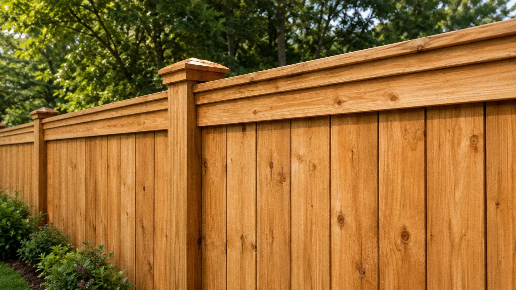 Wooden privacy fence with a post cap, set beside leafy green trees on a sunny day
