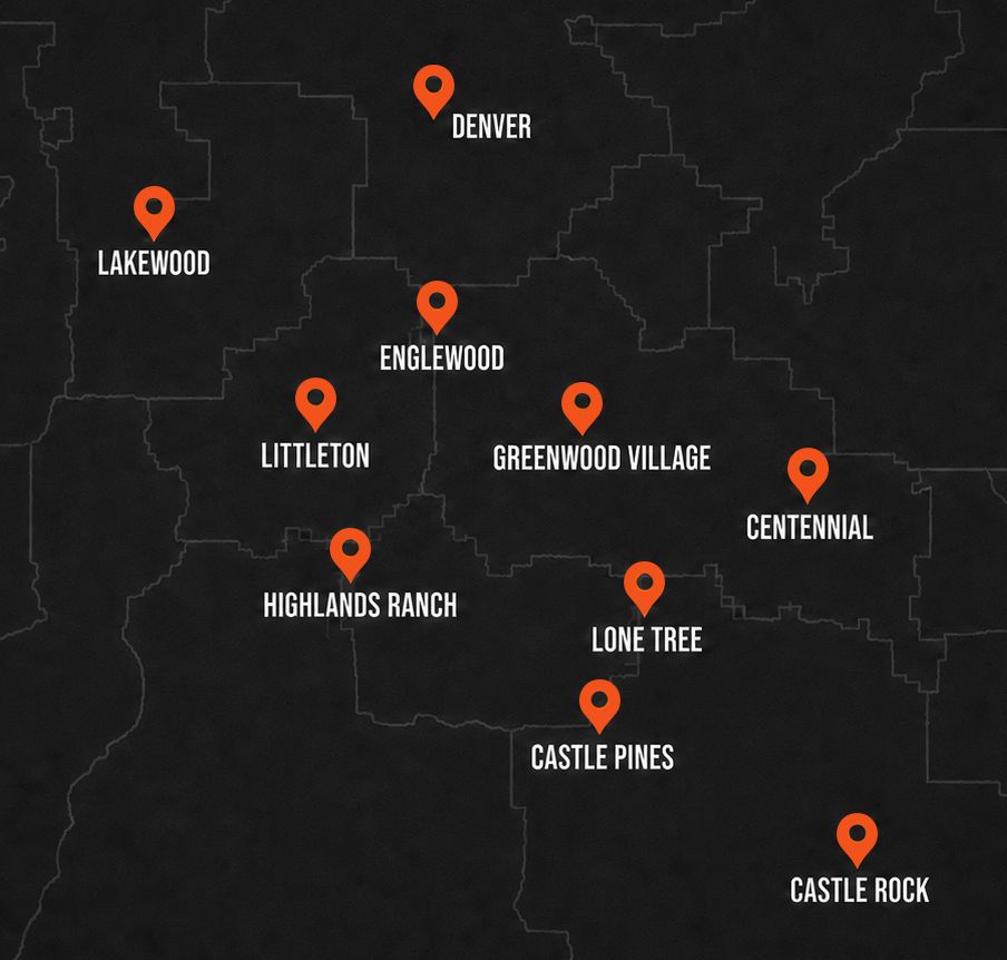 Dark map with orange location pins marking Colorado cities: Lakewood, Denver, Littleton, Englewood, and others