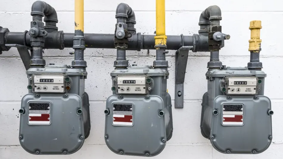 Gas Meters Three gray gas meters mounted on a white wall, connected by black pipes and yellow vertical pipes.