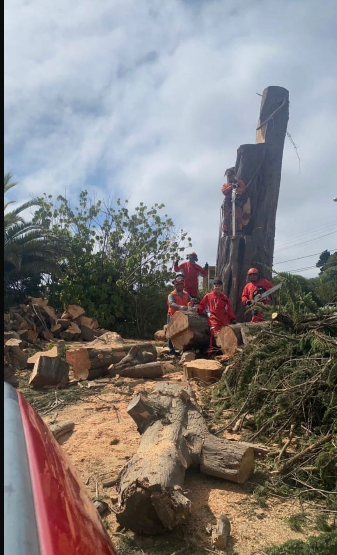 Equipos de emergencia con uniformes rojos junto a un vehículo volcado