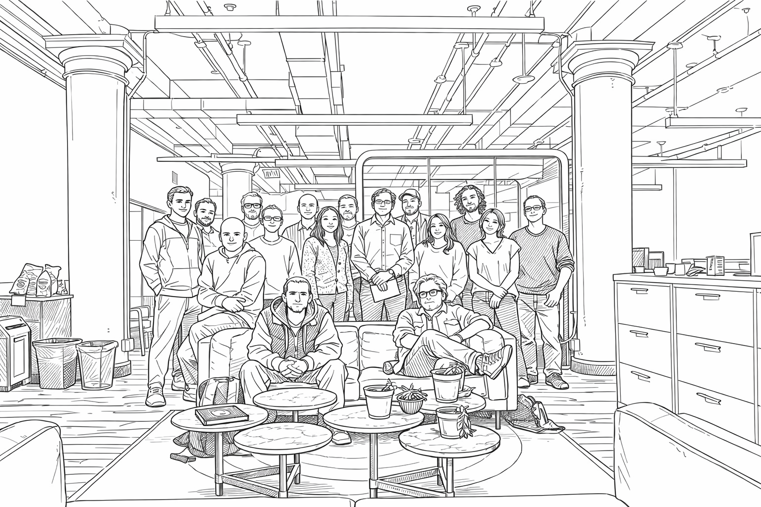 Line illustration of a team working in an open office