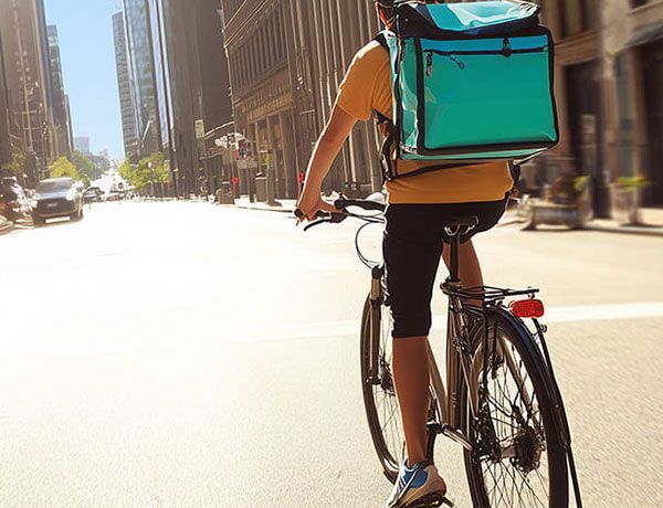 Cyclist riding a bike down a sunny city street with a turquoise delivery backpack