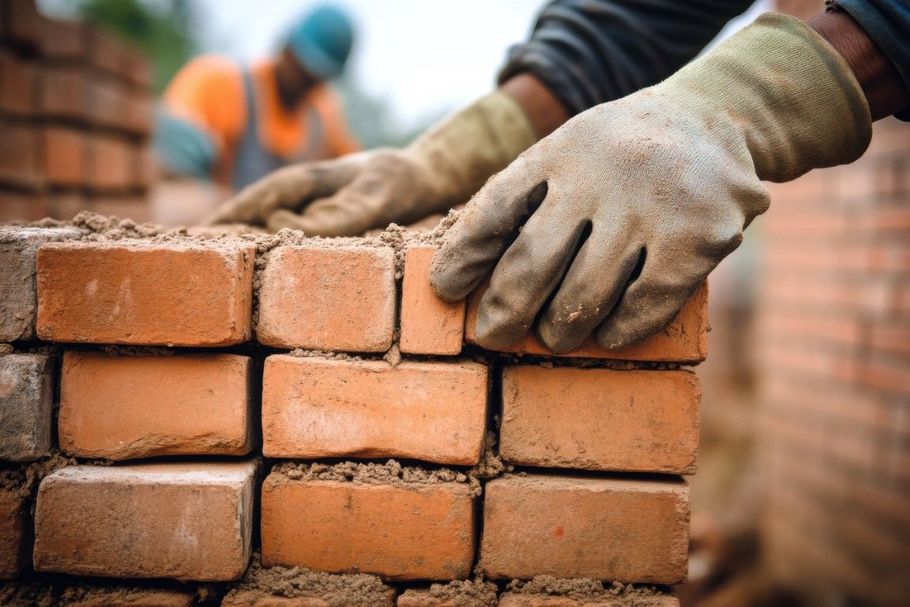 Gloved hands stacking red bricks at a construction site, with workers blurred in the background