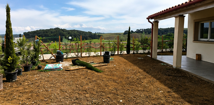 Giardino sul retro della casa con terreno arato, piccole piantine e patio con vista su campi e colline.