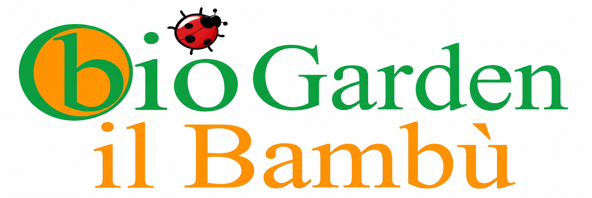 Logo con la scritta “bioGarden il Bambù” in verde e arancione, con una piccola icona di coccinella rossa.