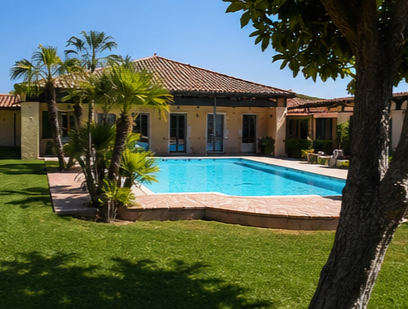 Un cortile soleggiato con una piscina blu, palme e una casa color beige con il tetto di tegole.