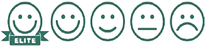 Fem grønne smiley-ansigter fra glad til trist, hvor den yderst til venstre er mærket