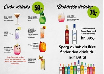 Cafémenuplakat med cubanske drinks og cocktails, priser og farverige drinkfotos