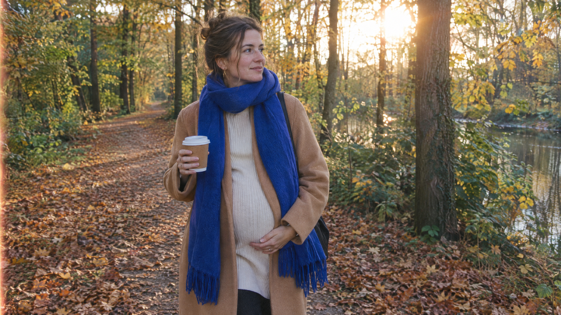 Zwangere vrouw met een beker koffie in het herfstbos