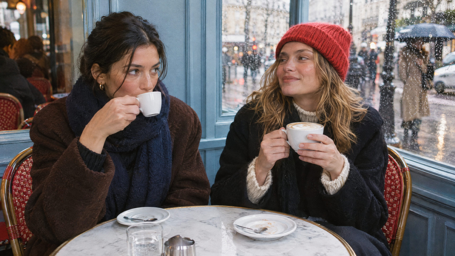 Twee vriendinnen met espresso en cappuccino in een café