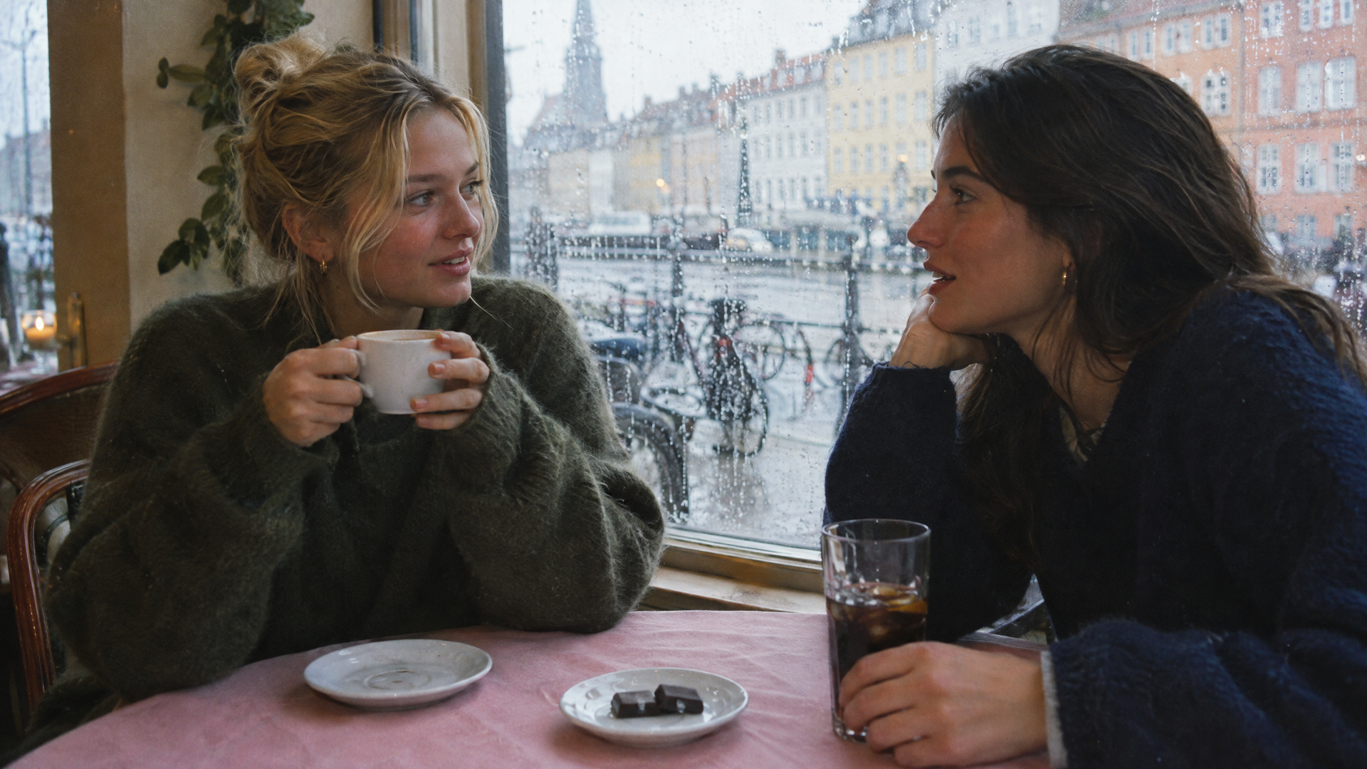 Twee vriendinnen met thee en cola in een café