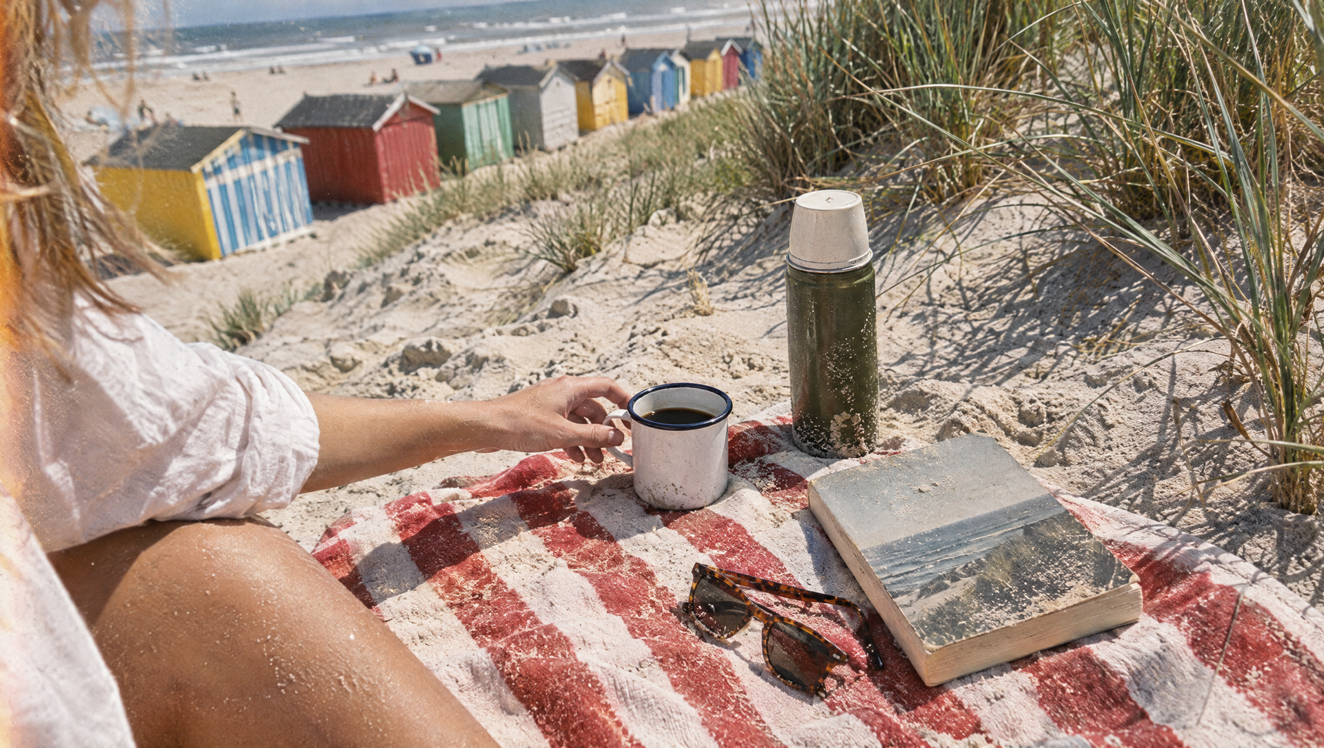 Koffie uit een thermosfles op een strandlaken in de duinen