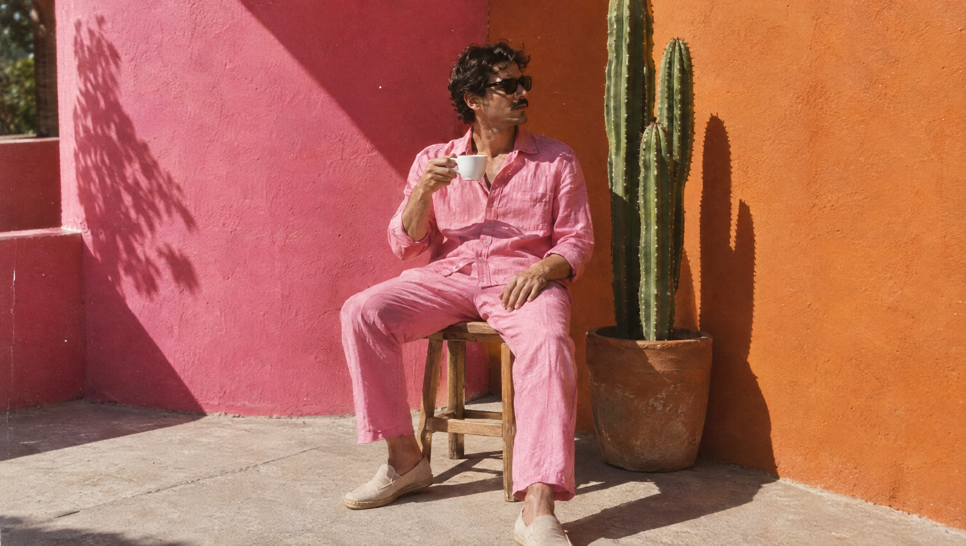 Man in roze linnen met een kop koffie tegen een roze muur