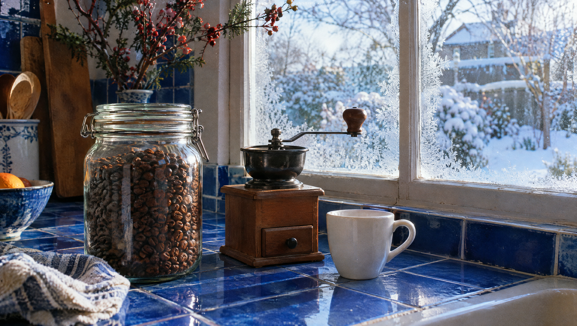 Pot koffiebonen en koffiemolen in een winterse keuken