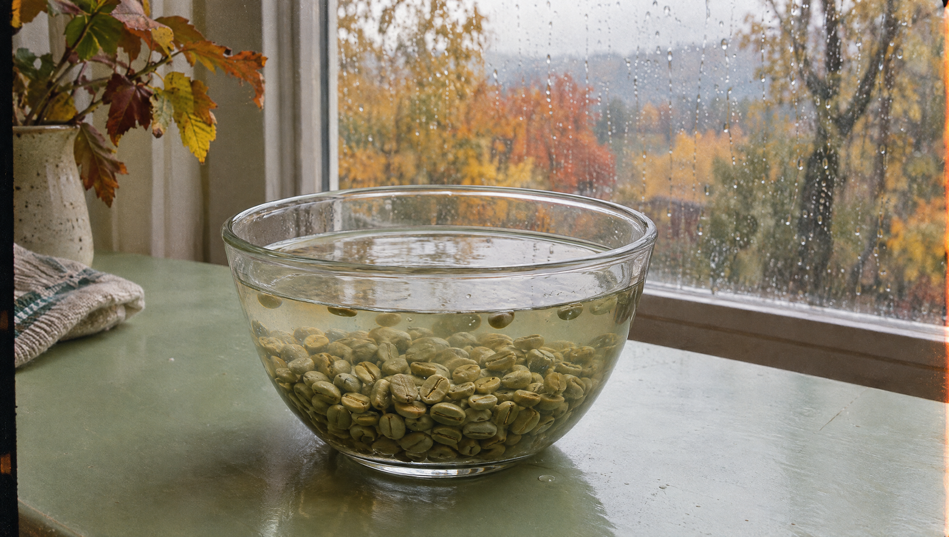 Groene koffiebonen in een kom water