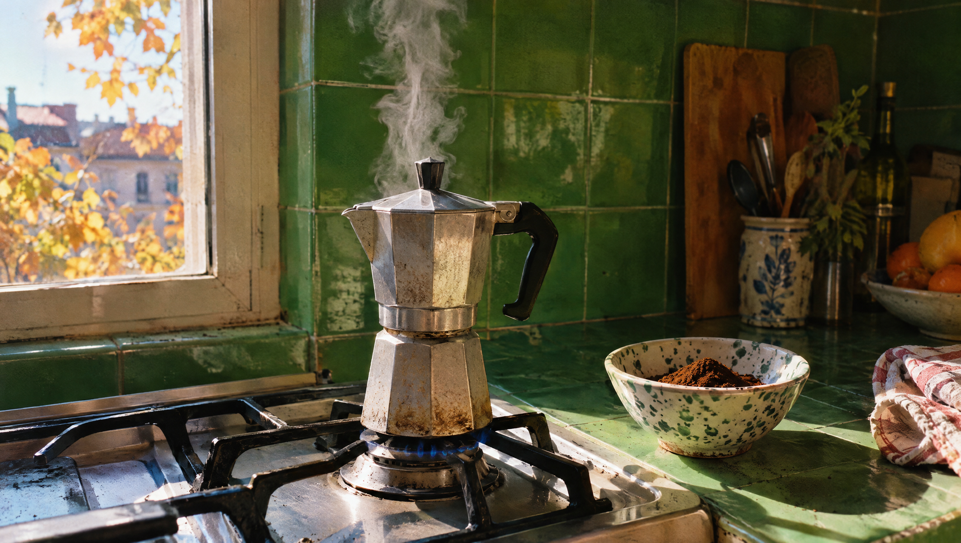 Mokapot op het fornuis met vers gemalen koffie