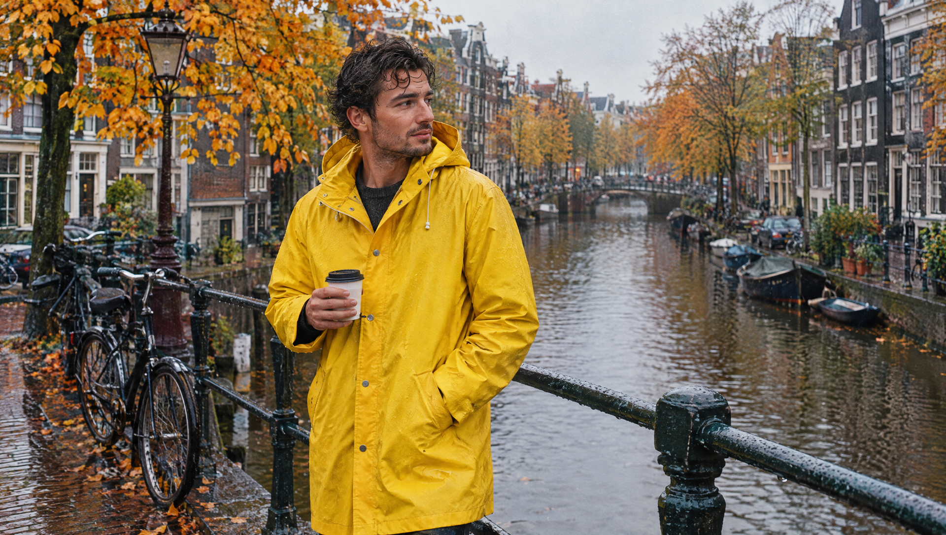 Man in gele regenjas met koffie op een Amsterdamse brug