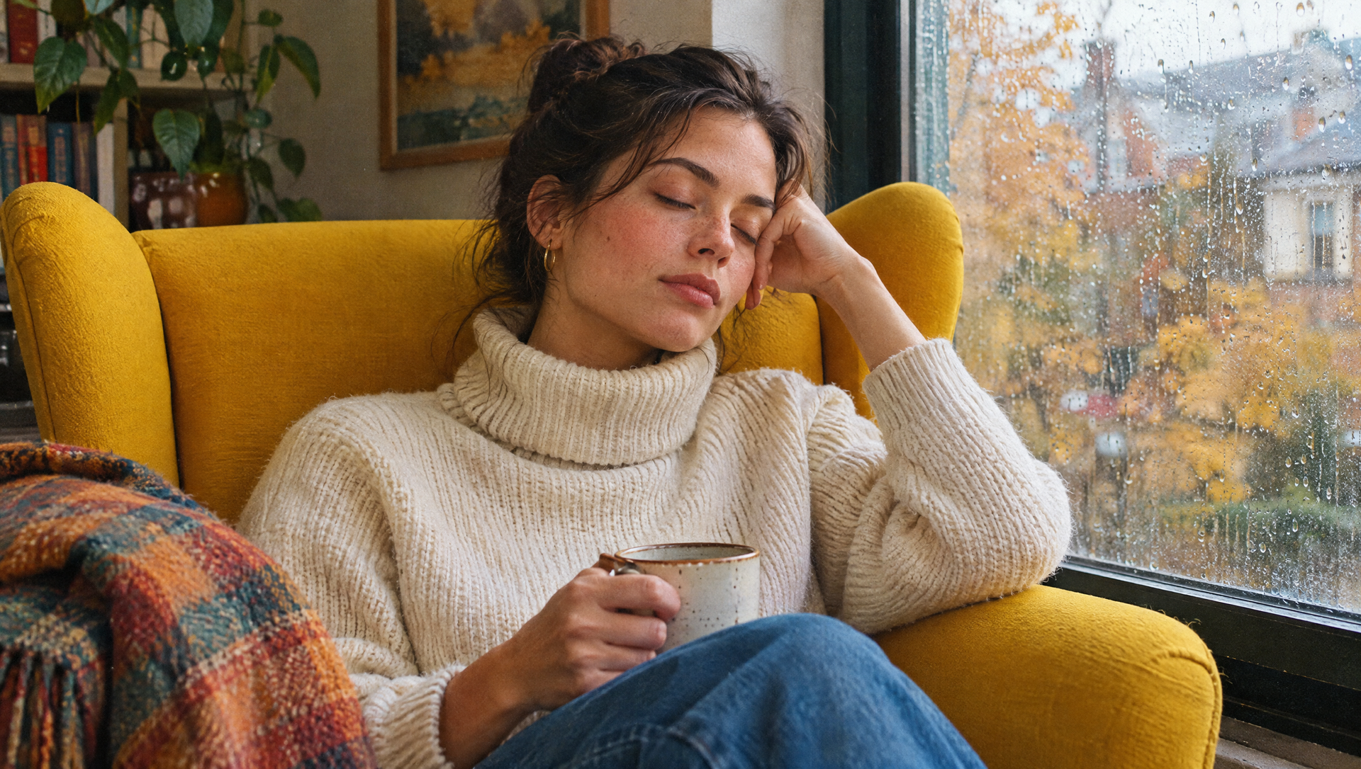 Vrouw met hoofdpijn en een kop koffie bij een regenachtig raam