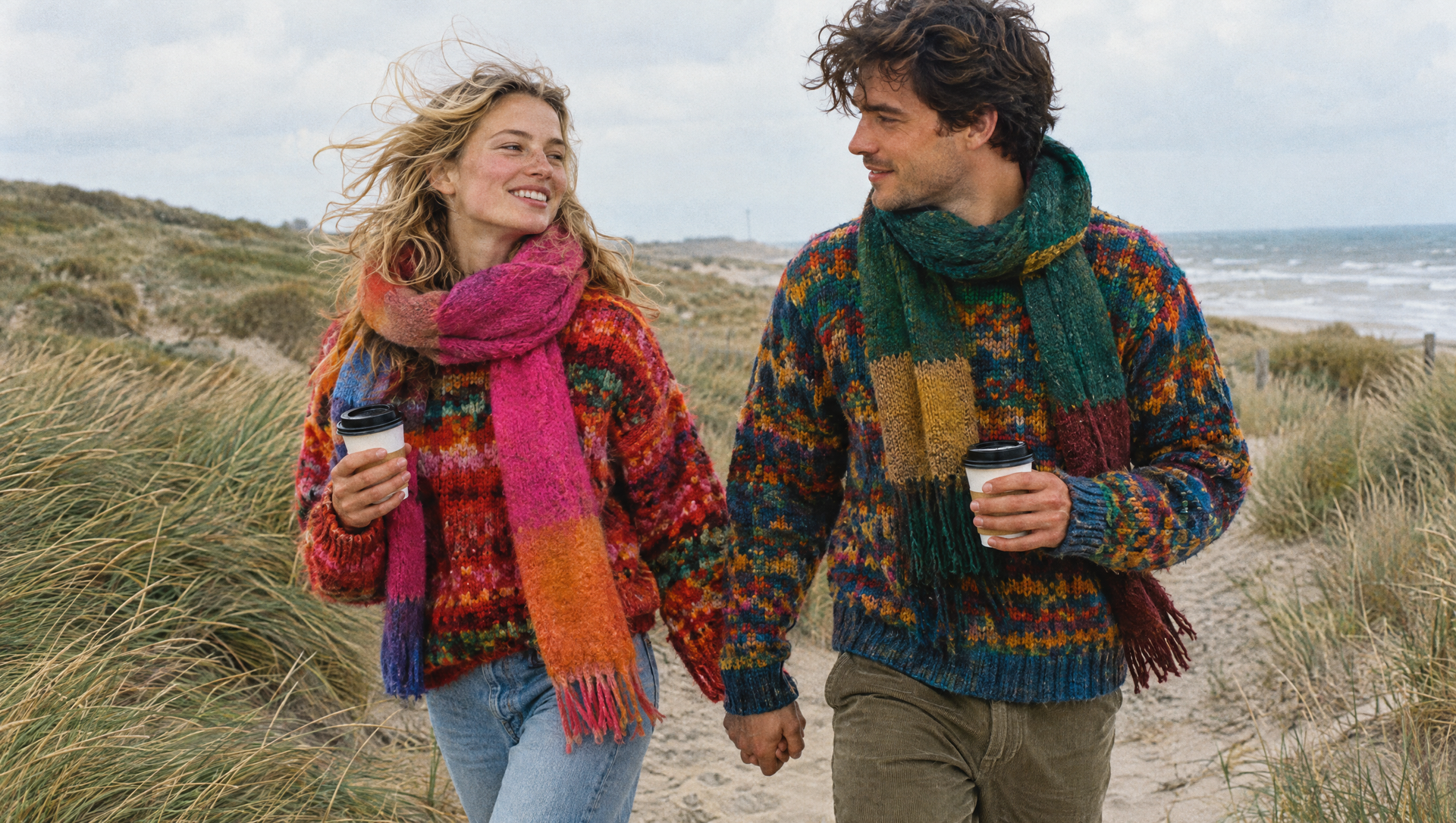 Stel met koffie onderweg in de duinen van Zandvoort