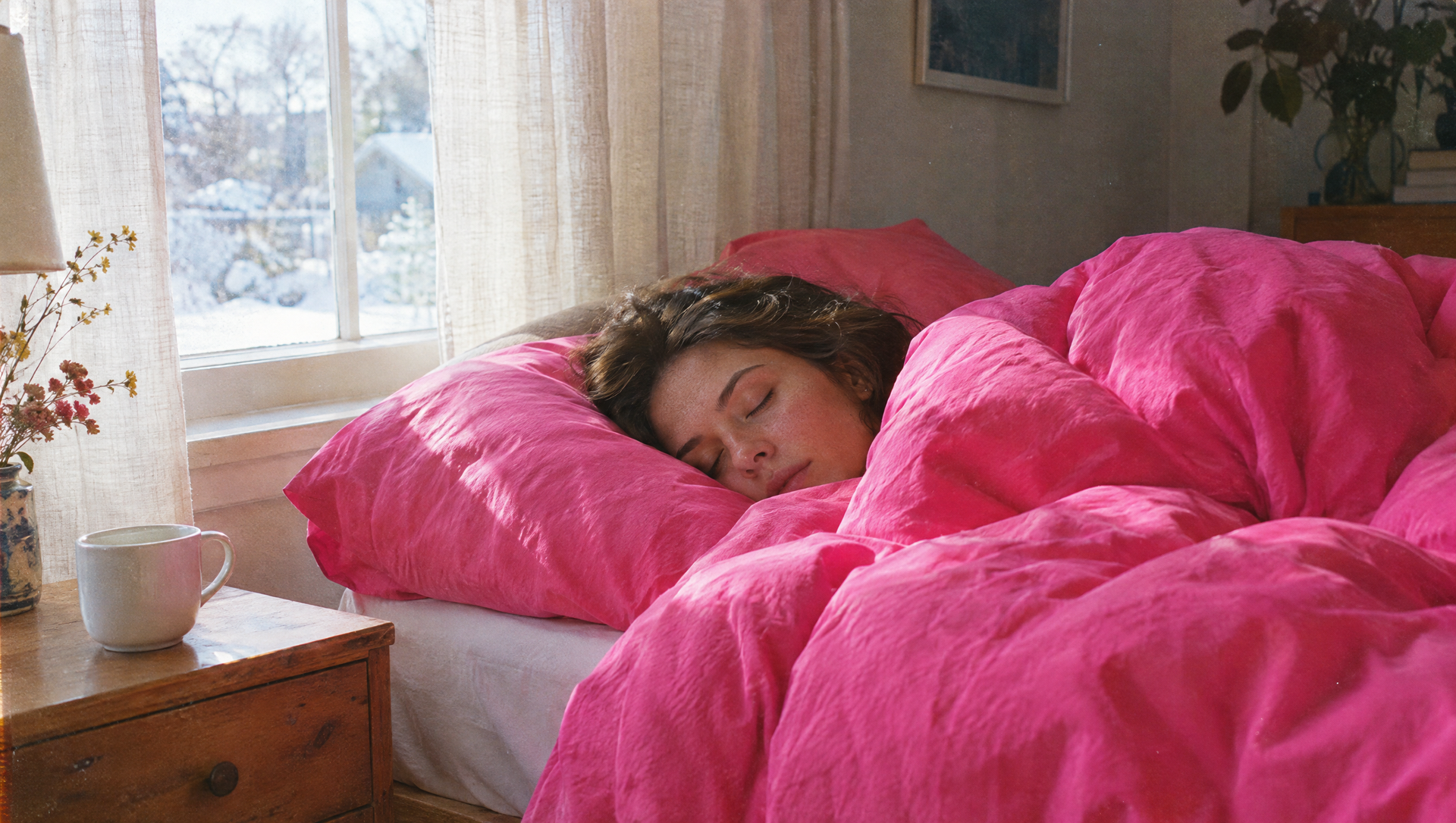 Vrouw slaapt onder een roze dekbed, koffie op het nachtkastje