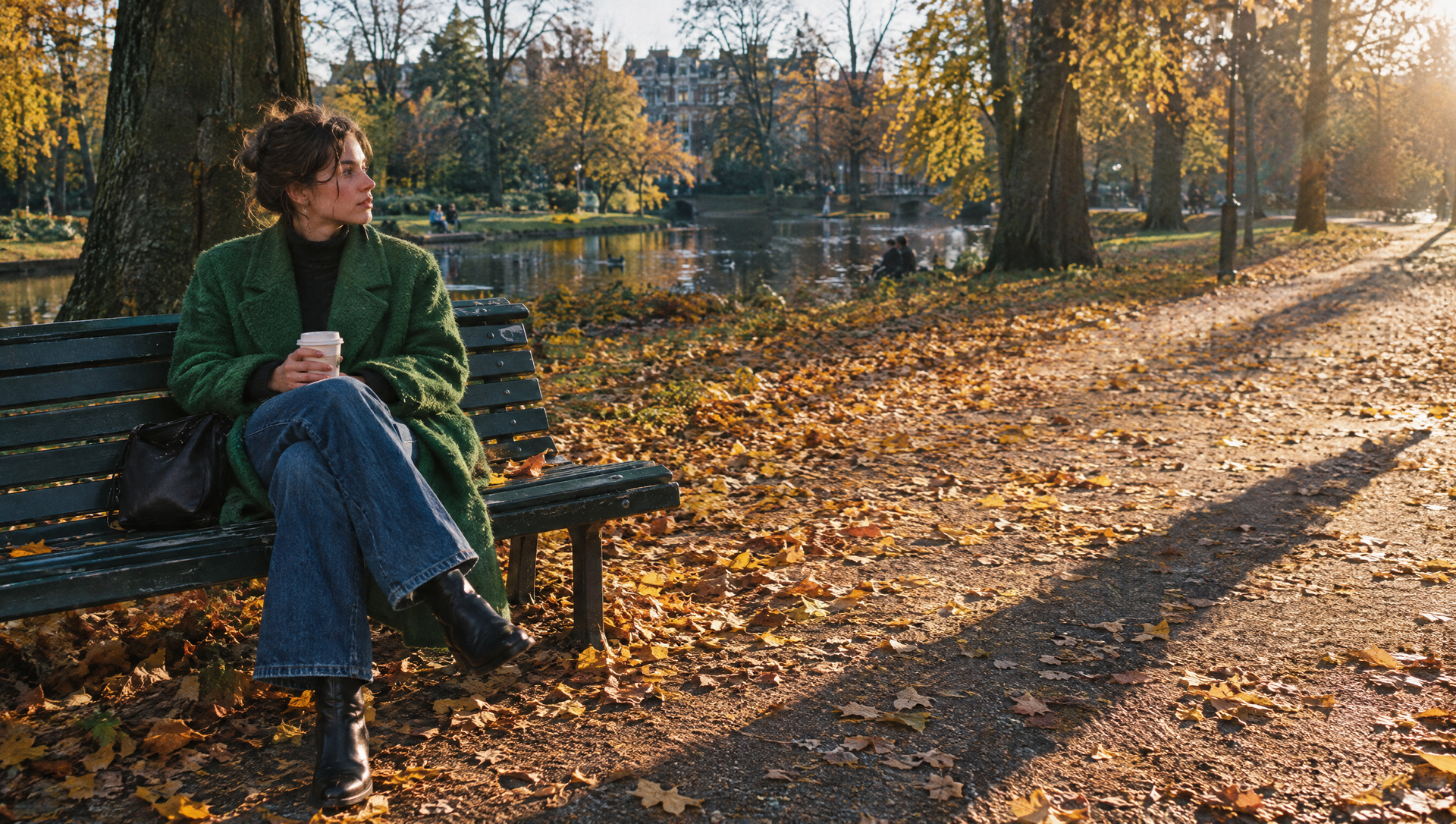 Vrouw met koffie op een bankje in het Vondelpark in de herfst