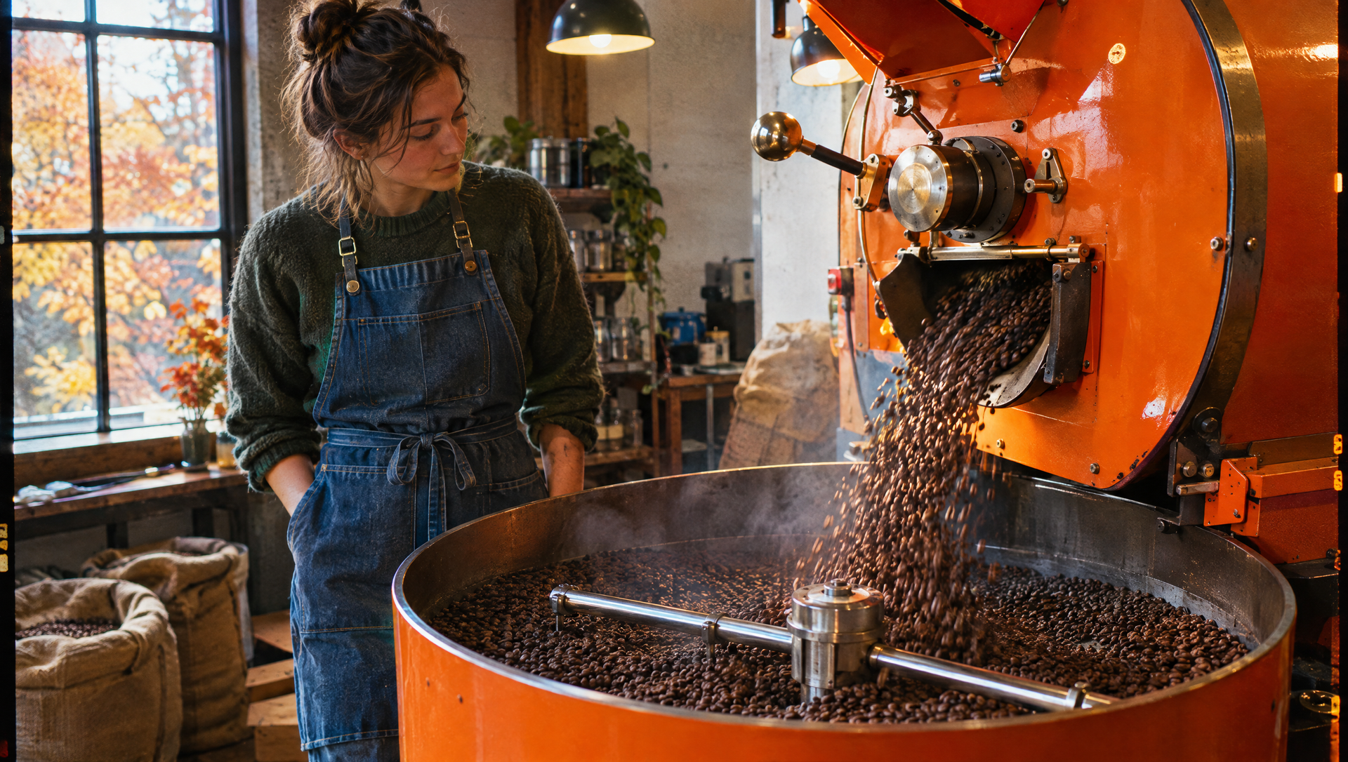 Vers gebrande koffiebonen uit de koffiebrander
