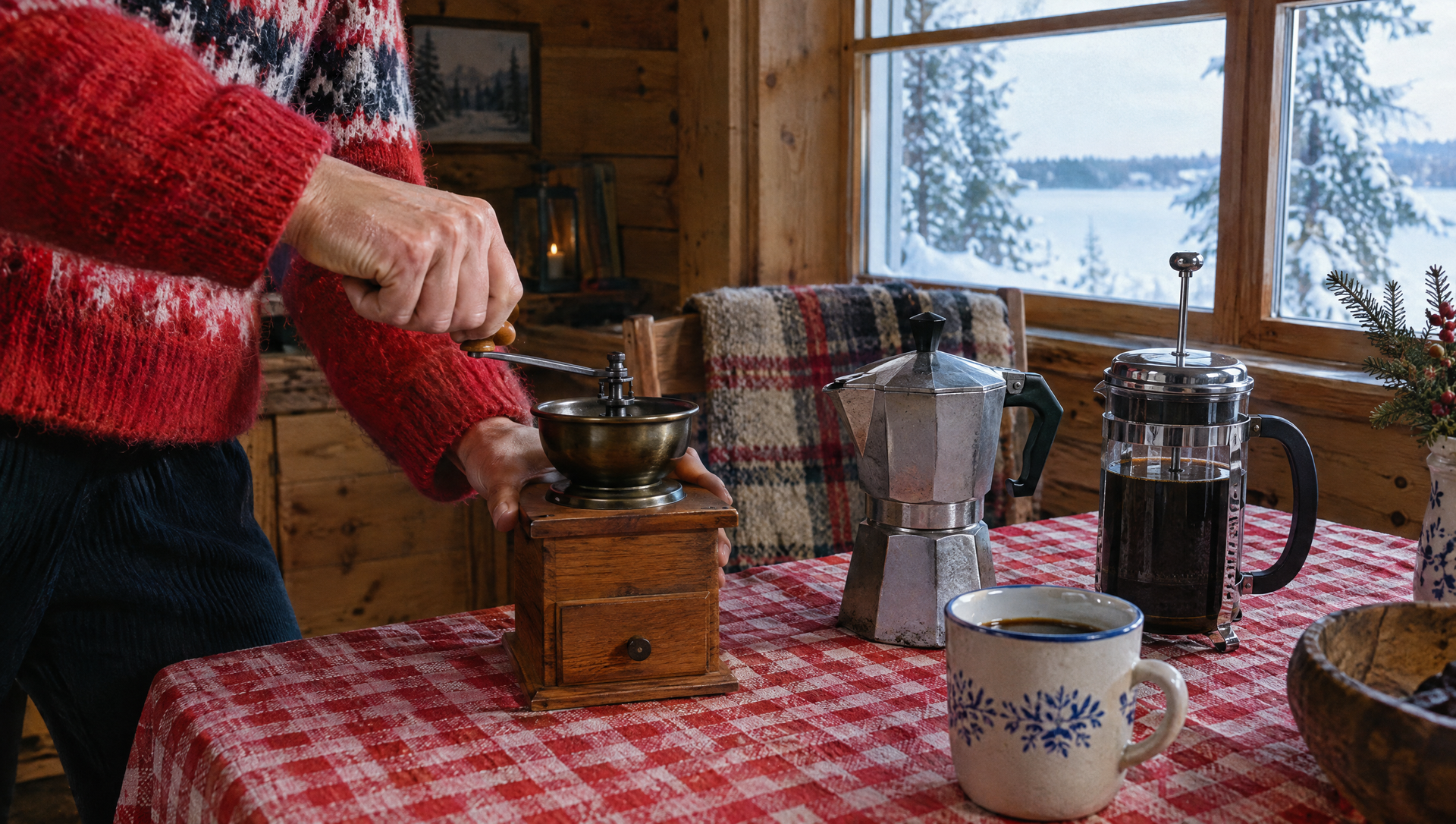 Koffie malen met een handmolen in een winterse hut