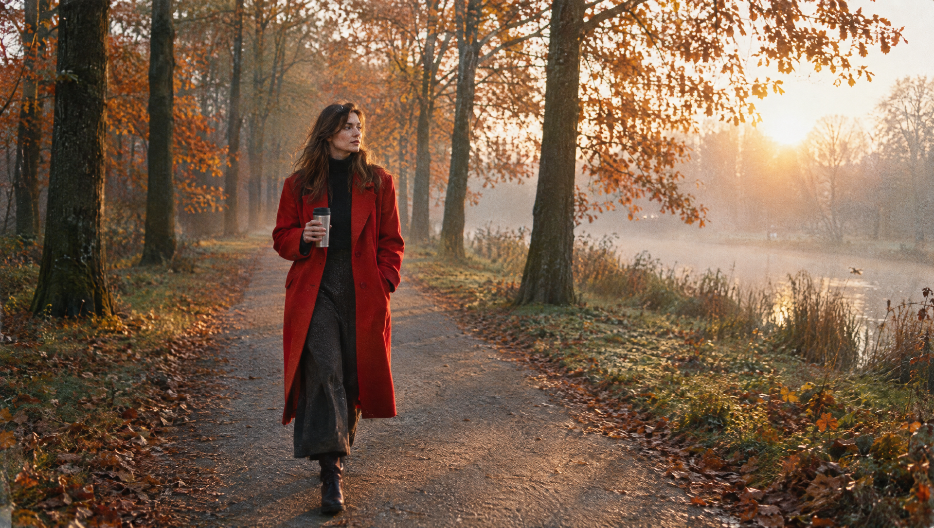 Vrouw in rode jas met thermosbeker in het Amsterdamse Bos