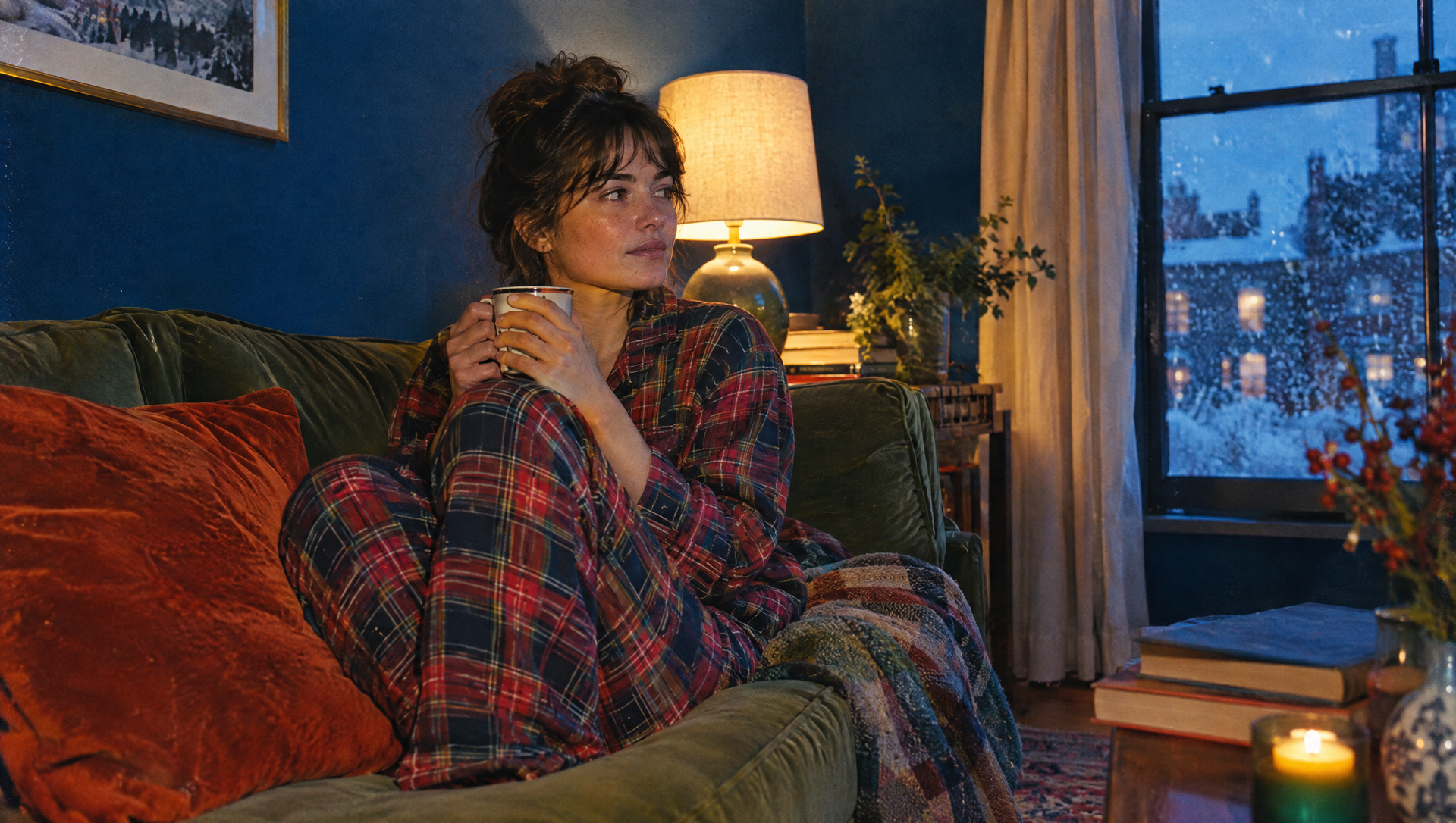 Vrouw met een kop decaf op de bank op een winteravond