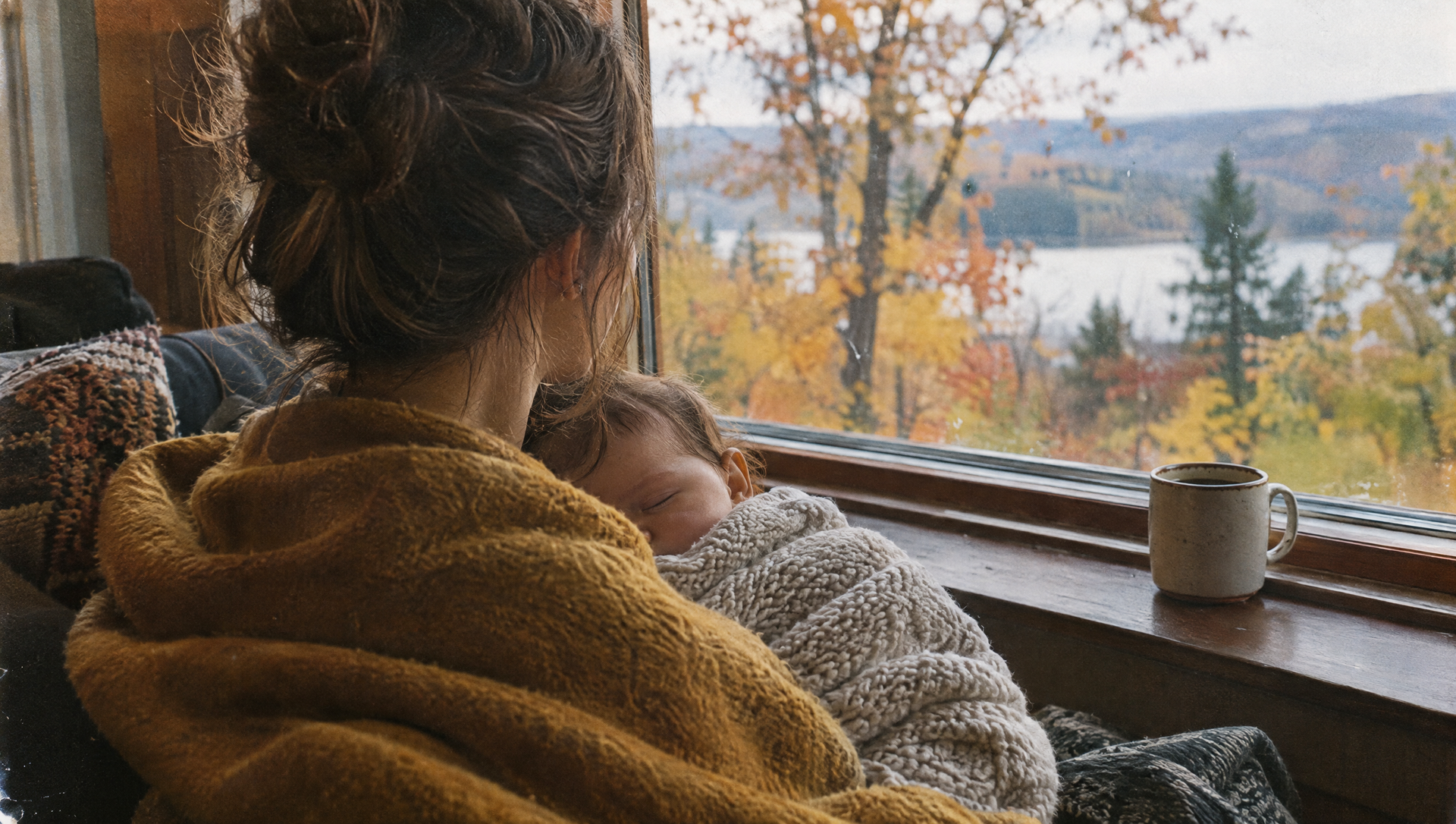 Moeder met slapende baby bij het raam, koffie op de vensterbank