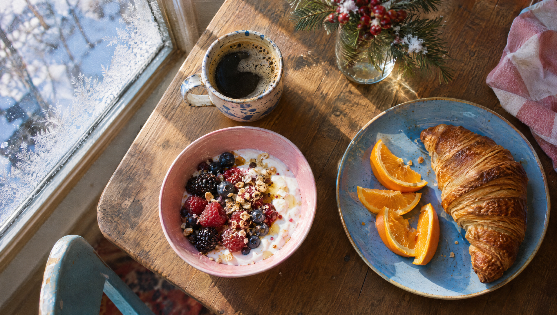 Ontbijt met koffie, yoghurt en een croissant