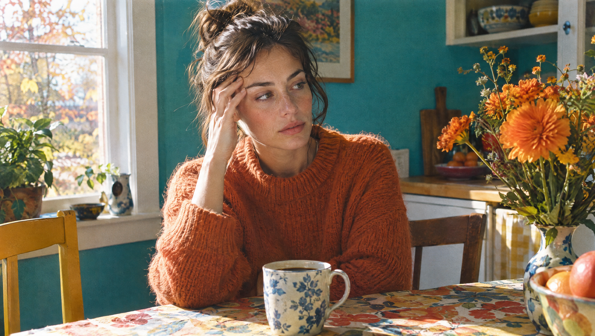 Vrouw met hoofdpijn aan de keukentafel met een kop koffie