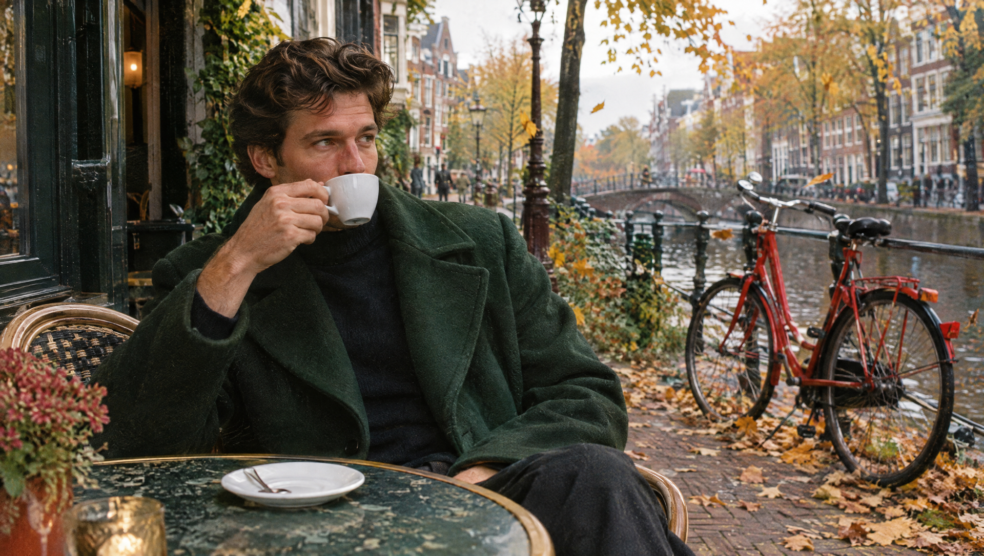 Man drinkt koffie op een terras aan de gracht in de herfst