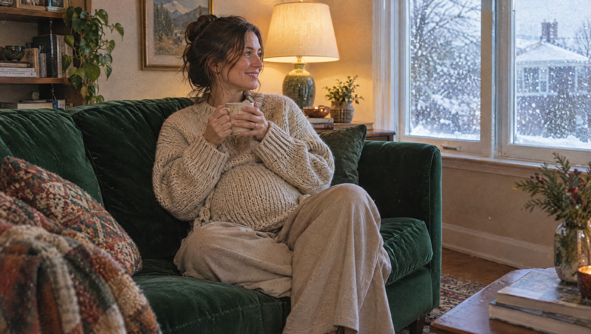 Zwangere vrouw met een mok op de bank in de winter