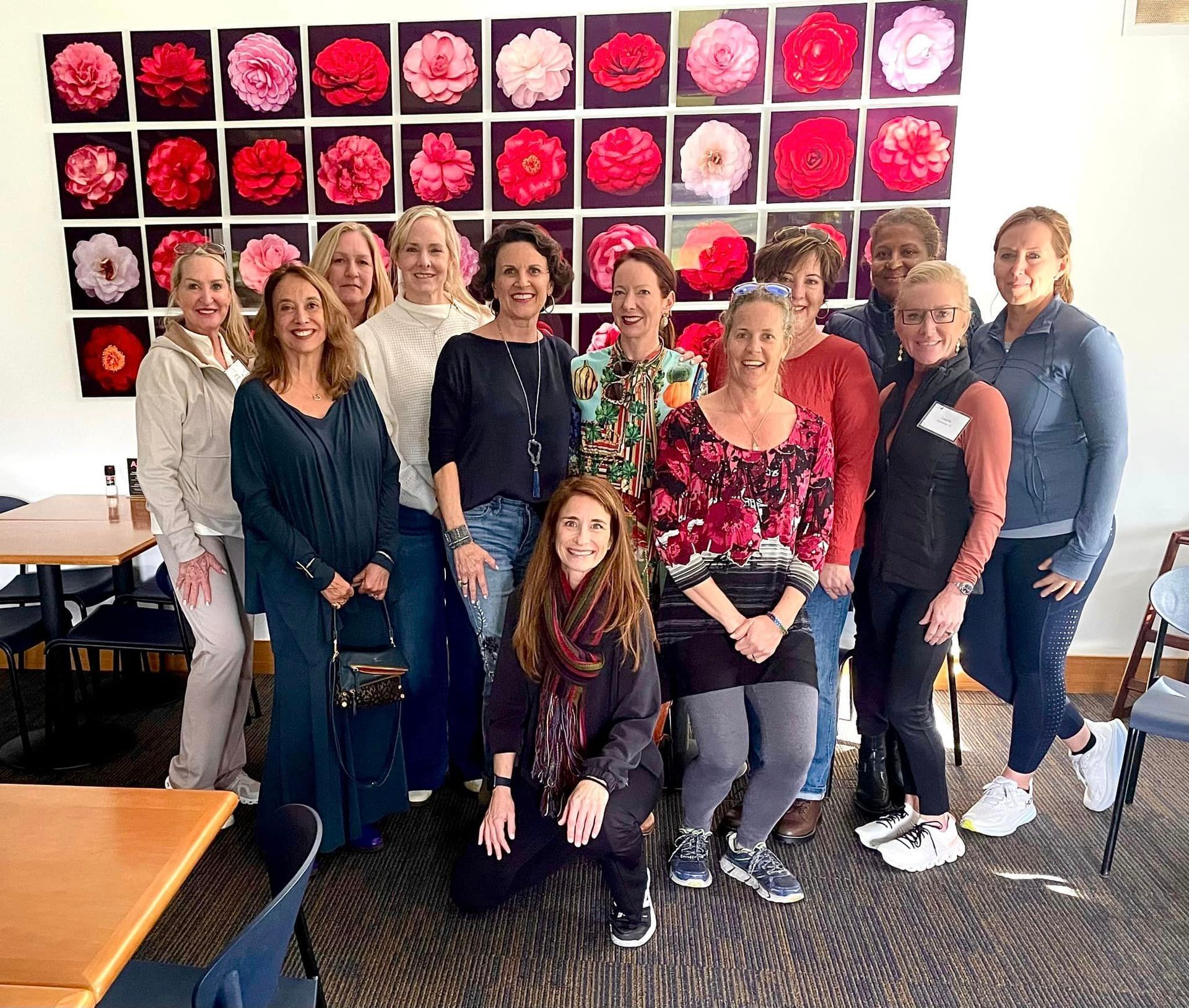 The retreat ladies at the Camellia Court Cafe at the Harn Museum of Art. Featuring Susannah Peddie's Camellia collection.