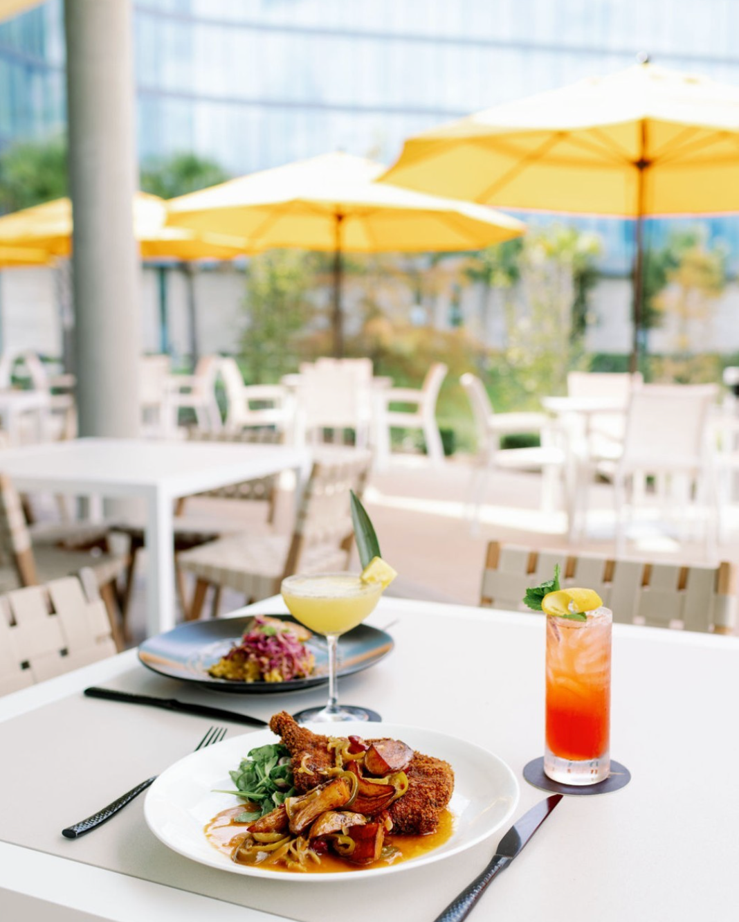 2 plates of food and a cocktail on a table overlooking the outdoor seating at Covey Kitchen.