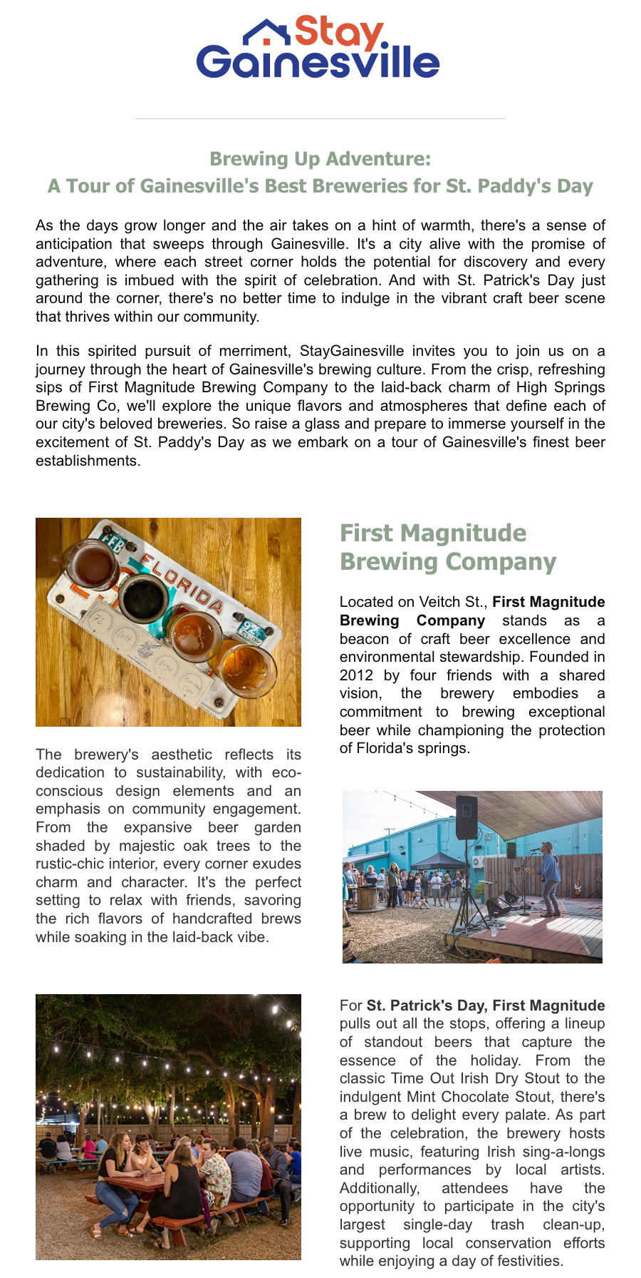 The StayGainesville newsletter for a Brewery tour in Gainesville, FL