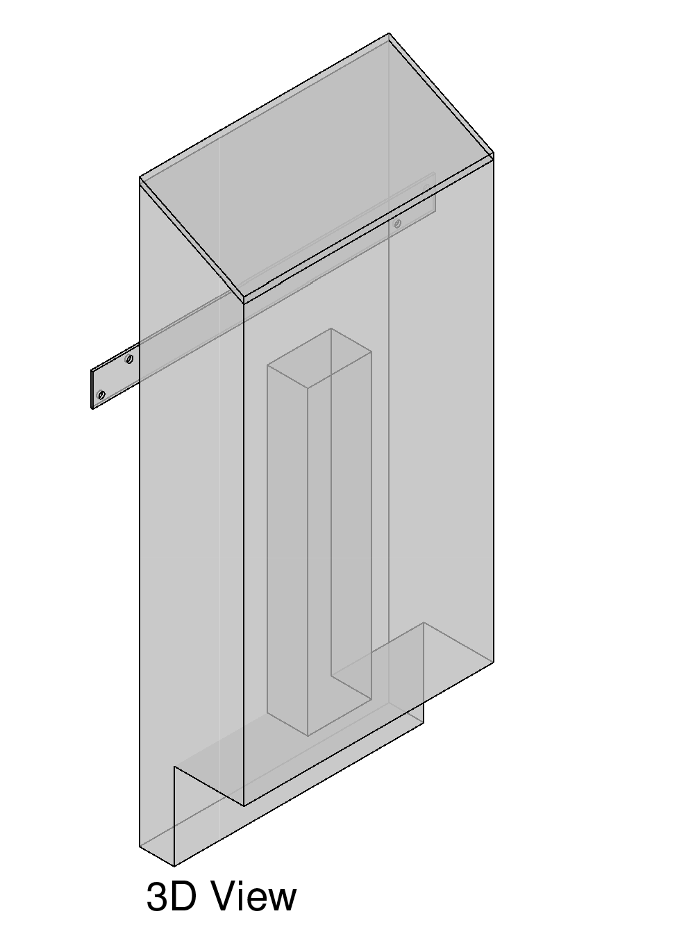 3D view of a transparent electronic enclosure with a side tab and central internal post
