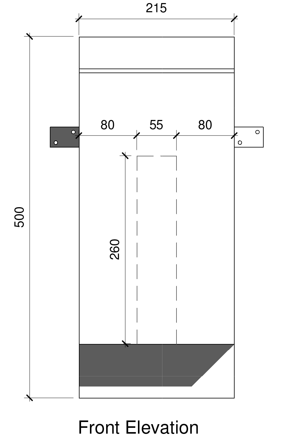 Technical front-elevation diagram of a gray bench with dimensions marked in millimeters.