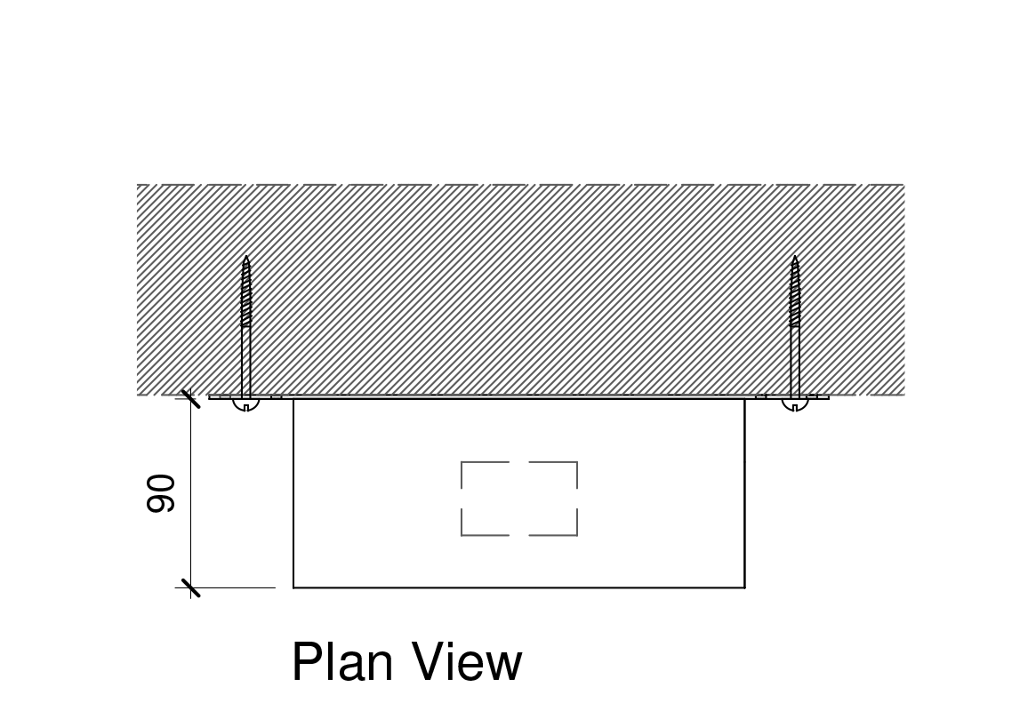 Plan view of a rectangular object beneath a hatched overhead surface, with a 90-unit vertical dimension.