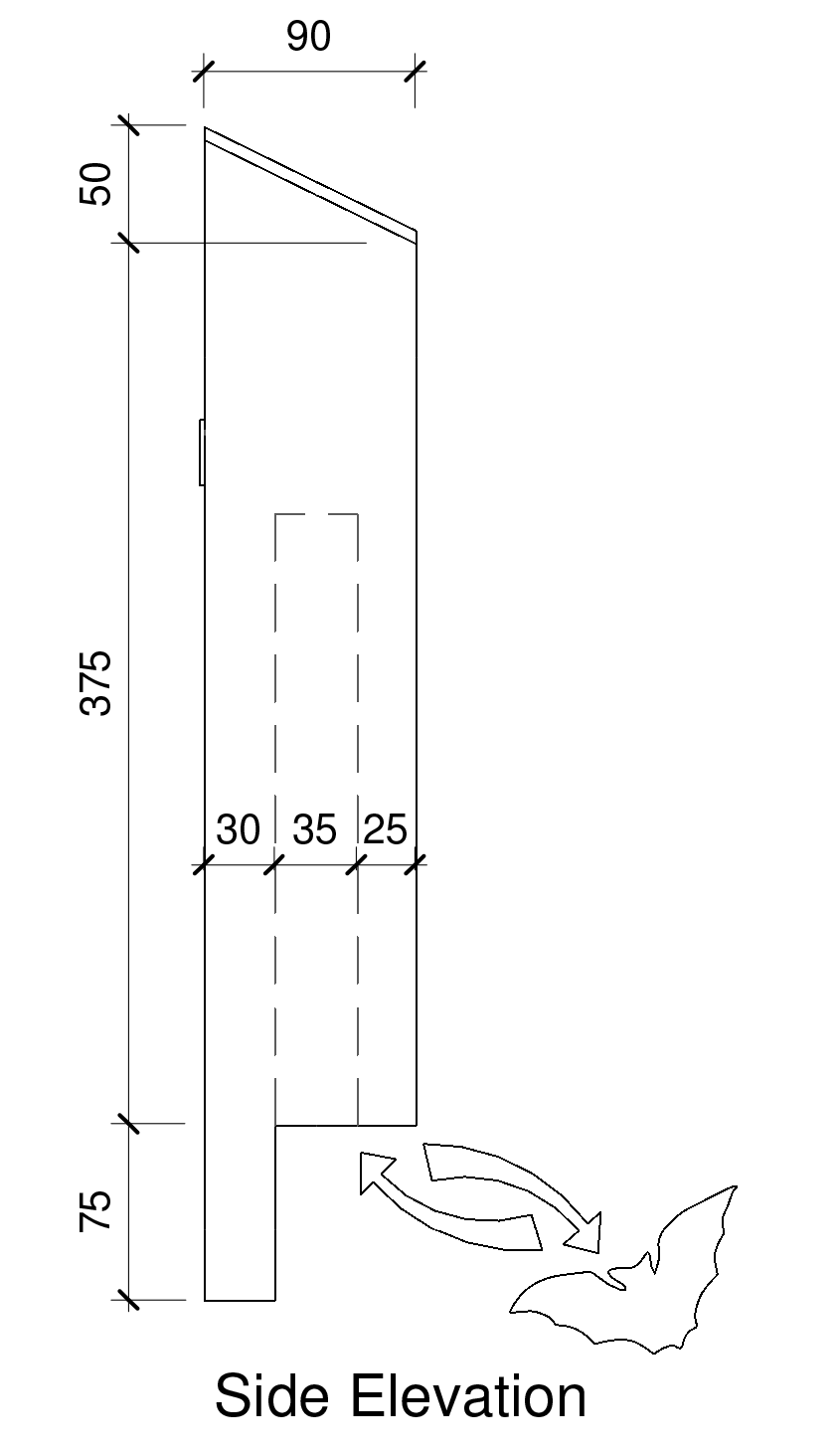 Technical side elevation diagram of a dog jump with measurements and a jumping dog illustration