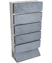 Gray freestanding slatted display stand with six horizontal panels on a base