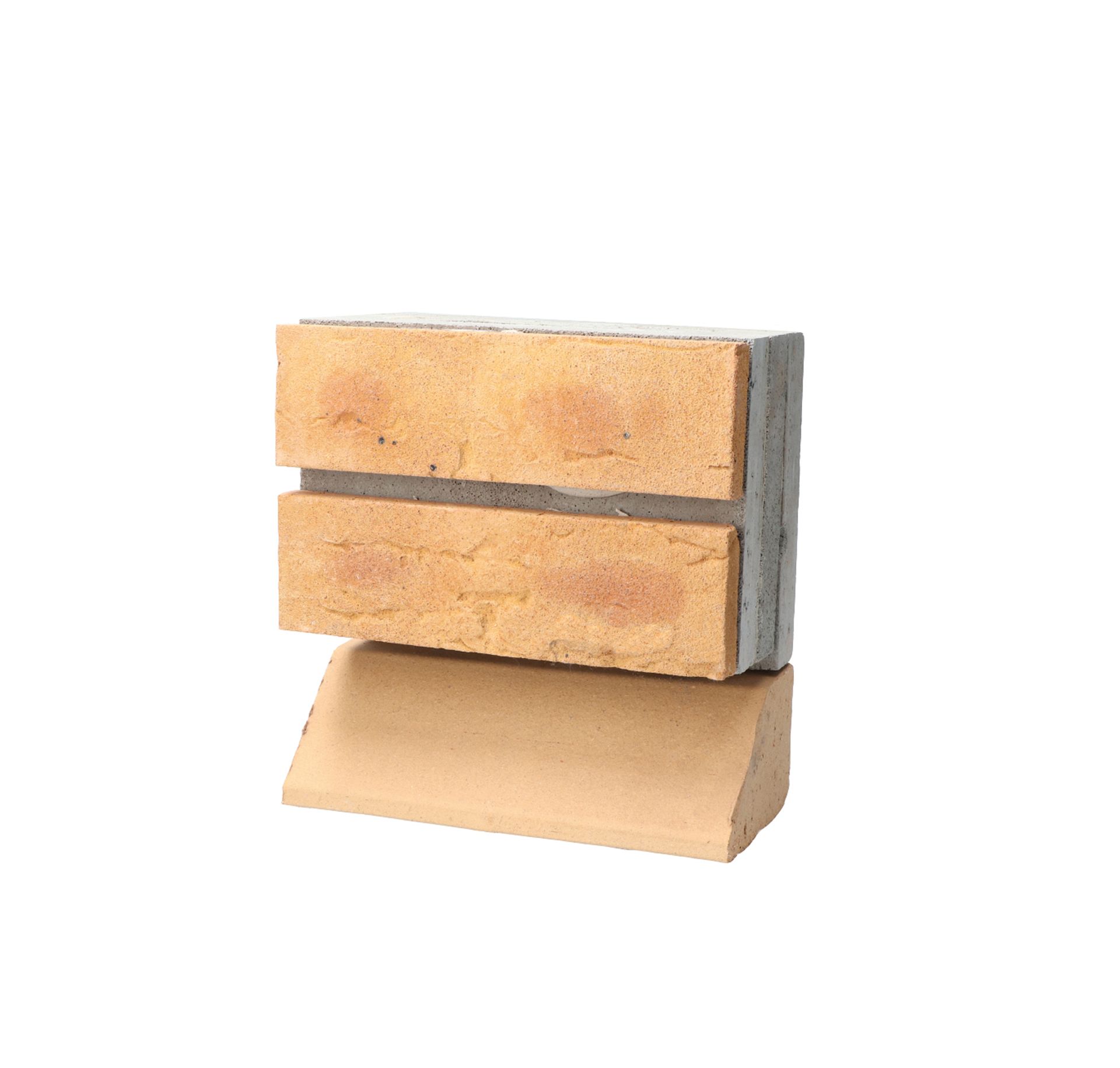 Tan brick wall panel with a curved base and dark mortar lines on a white background
