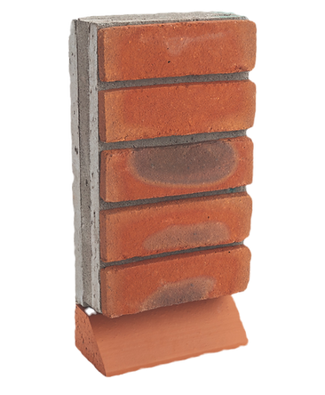 Two brick veneer sample panels, one gray and one red-brown, standing side by side on a white background