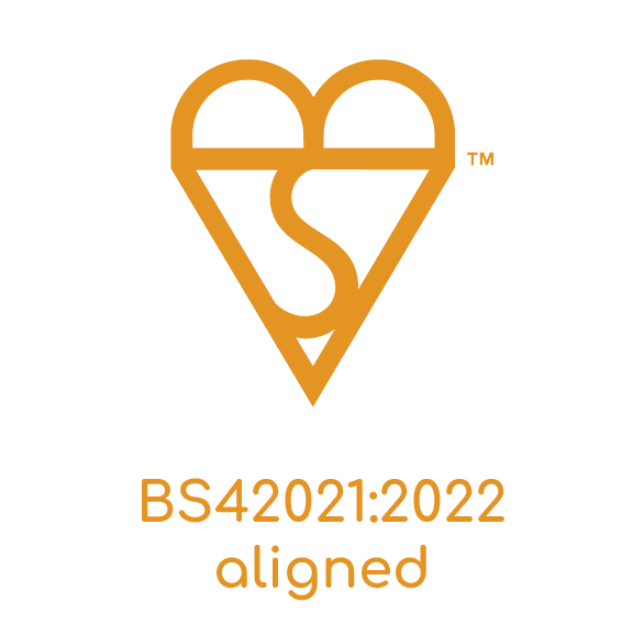 Orange heart logo with “BS42021:2022 aligned” text beneath it