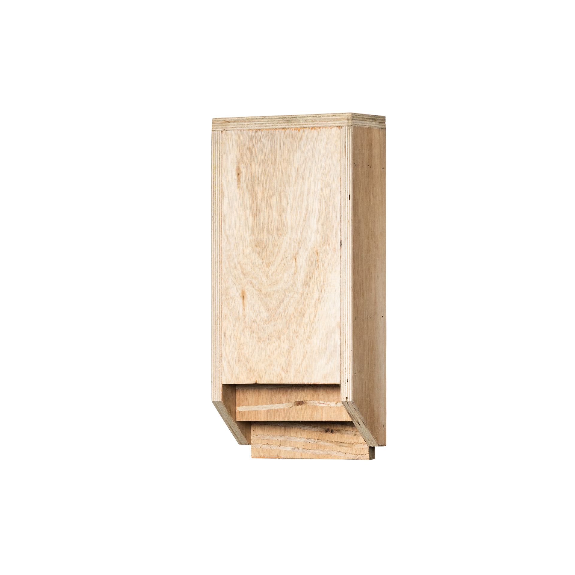 Small wooden beehive box with a lower entrance slot, isolated on white background