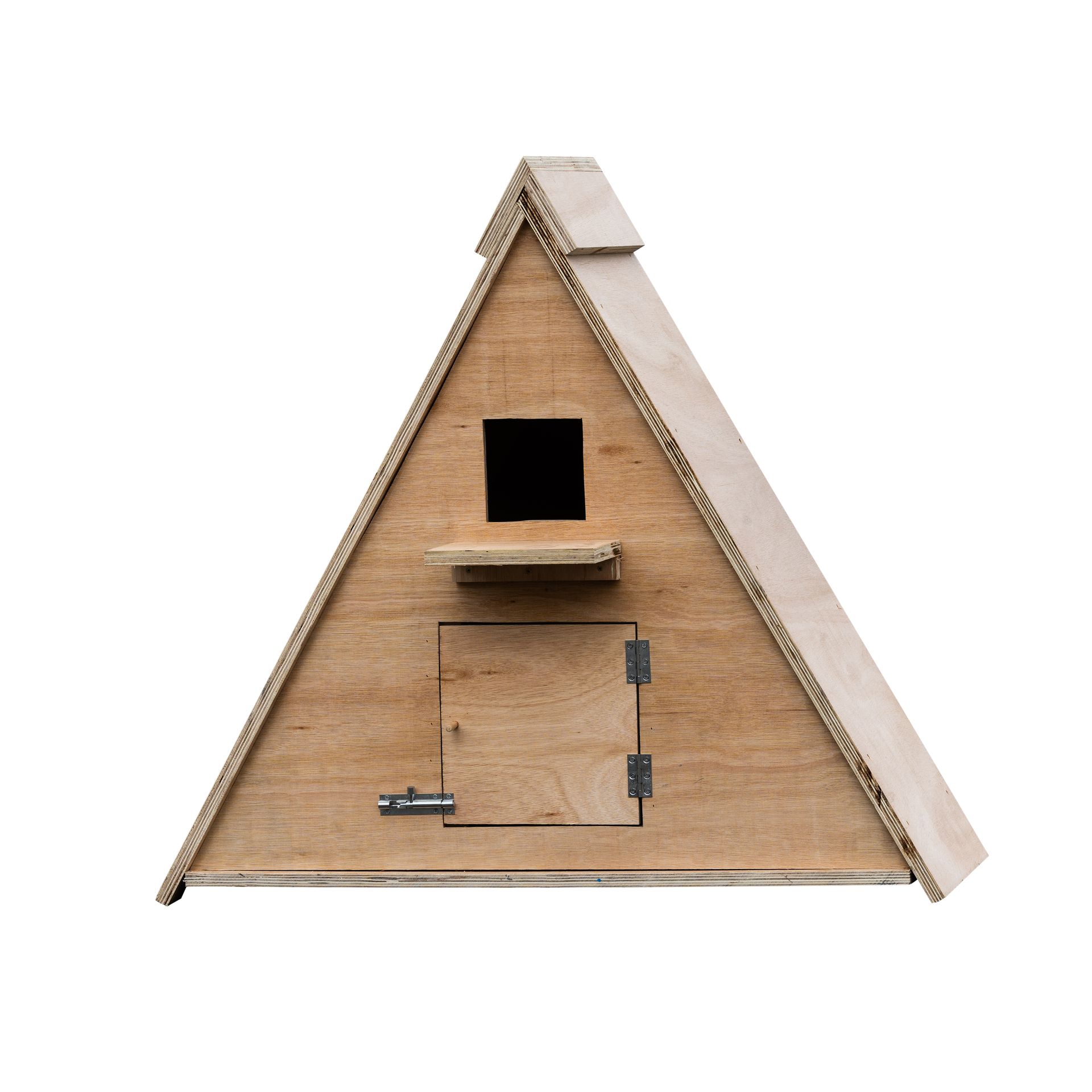 Wooden triangular birdhouse with a black entrance hole and small perch on a white background