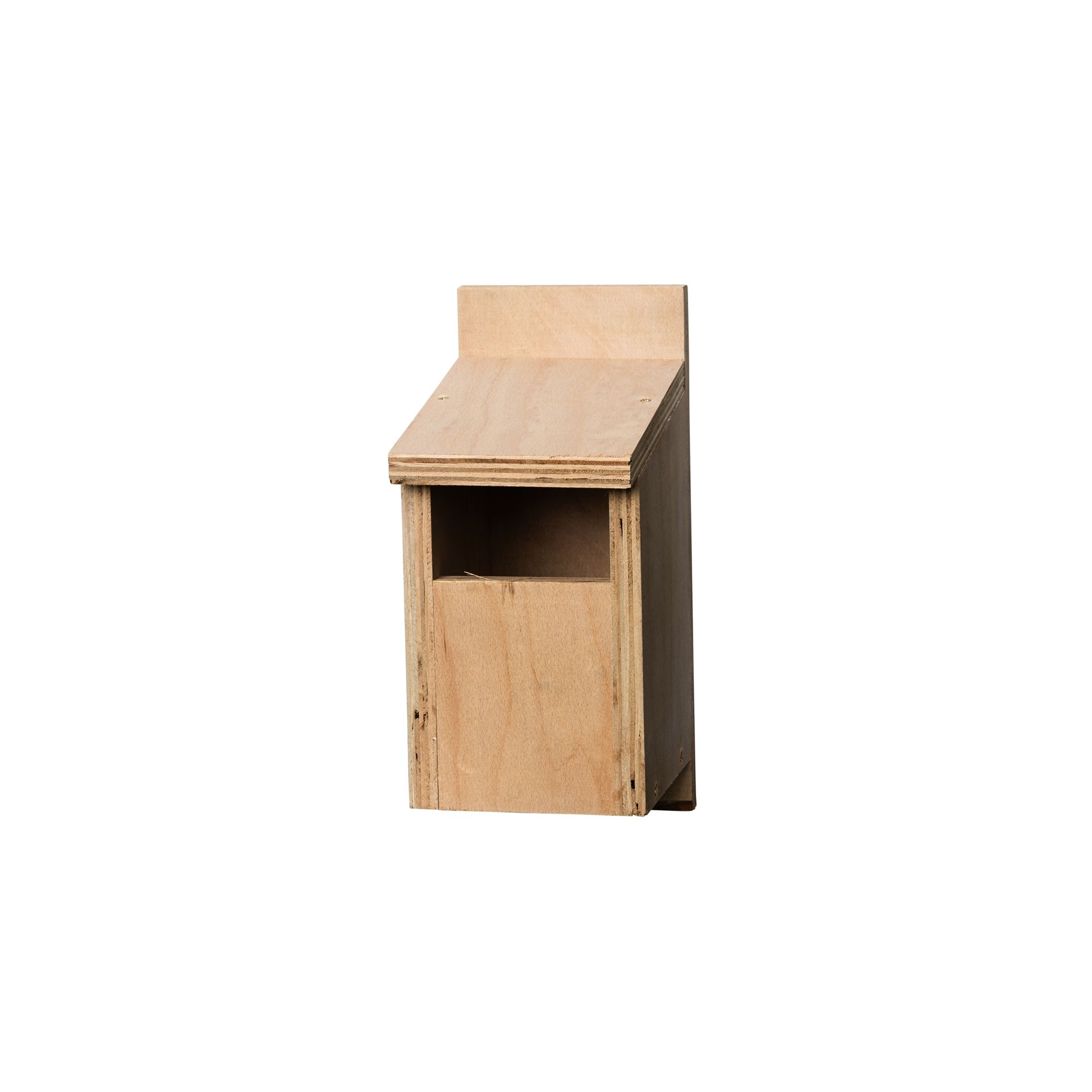 Small wooden birdhouse with a slanted roof and front opening, isolated on a white background